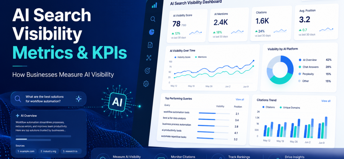 AI search visibility metrics and KPIs dashboard showing AI mentions, citations, rankings, and visibility charts