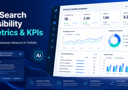 AI search visibility metrics and KPIs dashboard showing AI mentions, citations, rankings, and visibility charts