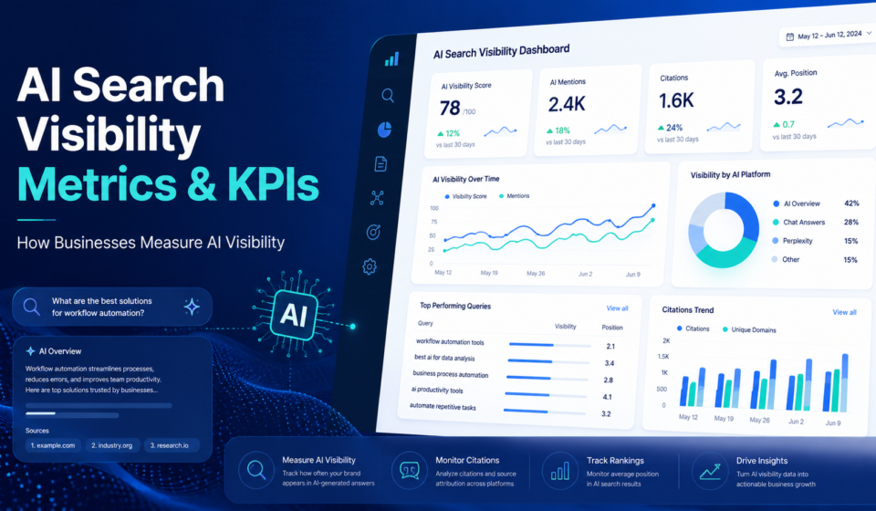AI search visibility metrics and KPIs dashboard showing AI mentions, citations, rankings, and visibility charts
