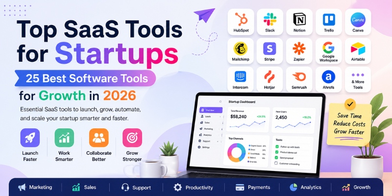Top SaaS tools for startups comparison dashboard with CRM, marketing, reviews, QR campaigns, automation, analytics, and growth software