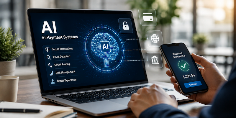 AI in Modern Payment Systems showing secure digital payments, real-time fraud detection, intelligent transaction routing, and AI-powered payment processing on a laptop and smartphone.