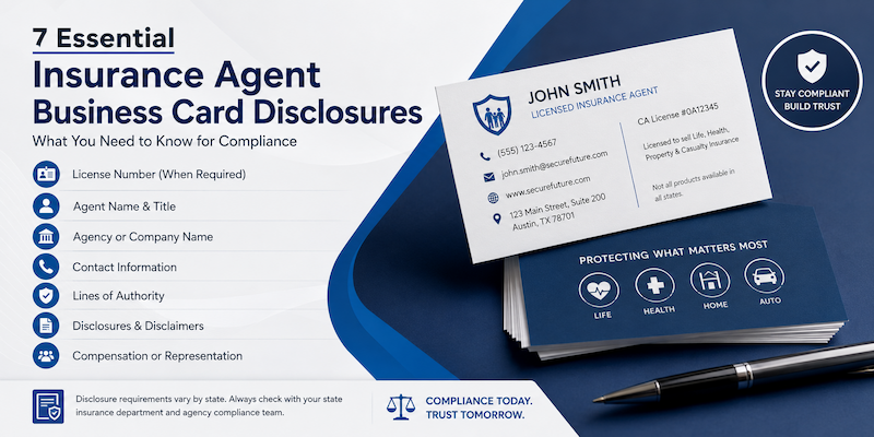 What are the typical insurance agent disclosures for business card requirements and compliance
