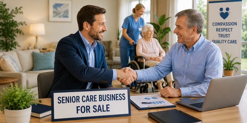 Buyer shaking hands while purchasing an established senior care business with experienced caregivers