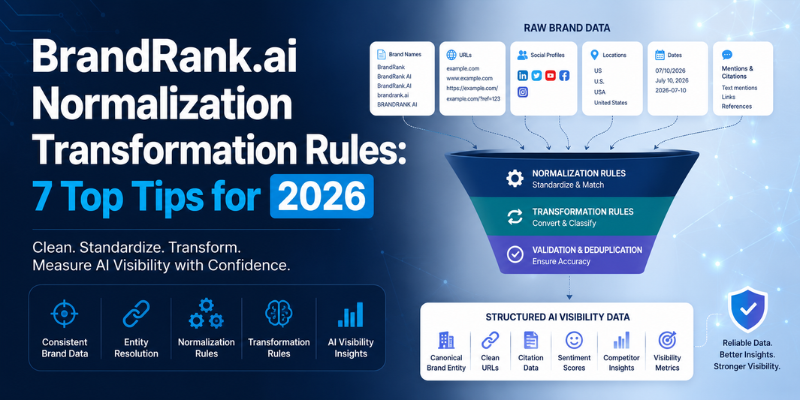BrandRank.ai normalization transformation rules infographic showing raw brand data converted into structured AI visibility insights