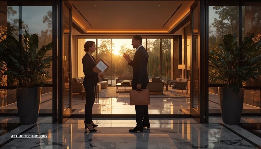 Professional realtor reviewing confidential off market property listings with clients in a modern real estate office.
