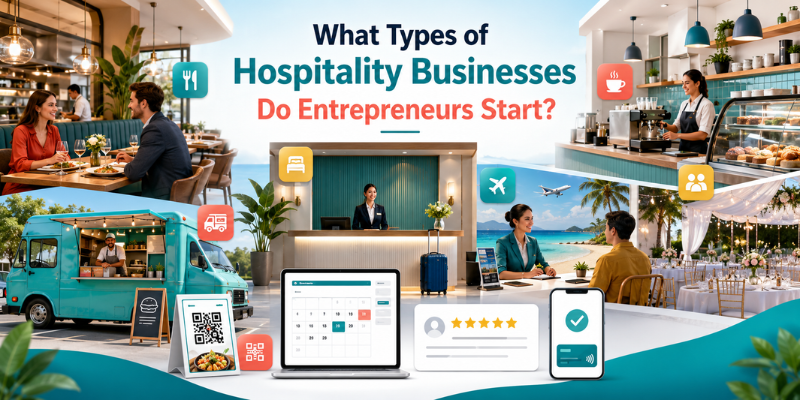 What types of hospitality businesses do entrepreneurs start, including restaurants, cafes, hotels, food trucks, travel services, and event venues