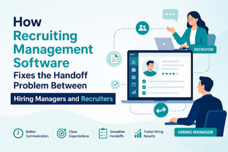 Recruiting management software connecting hiring managers and recruiters through a centralized hiring workflow to improve communication, candidate handoffs, interview coordination, and recruitment efficiency