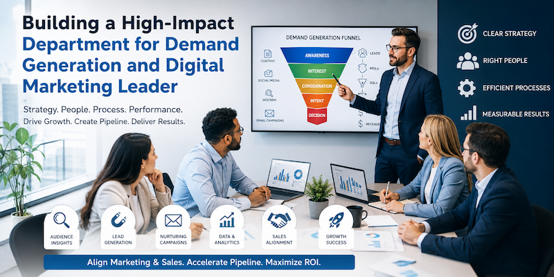 Department for demand generation and digital marketing leader presenting a marketing funnel and growth strategy to a business team.