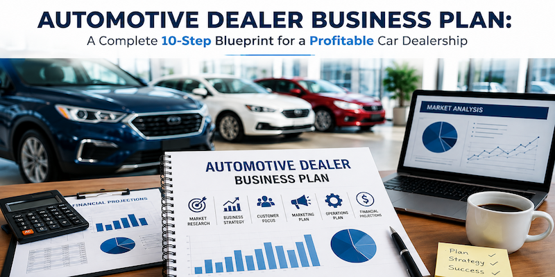 Automotive dealer business plan with car dealership showroom, market analysis, financial projections, marketing strategy, operations, and profitability planning.
