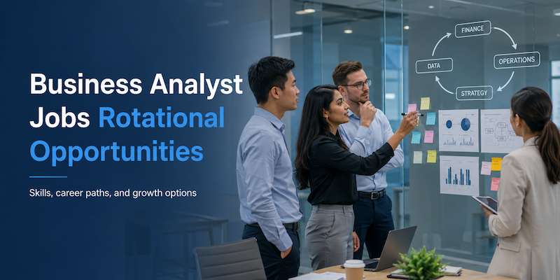 usiness analyst jobs rotational opportunities with professionals reviewing finance, data, operations, and strategy career paths in a modern office.