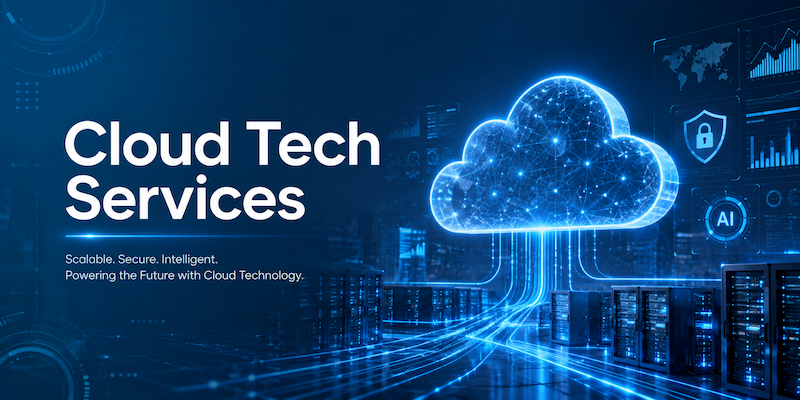 : Cloud tech services with secure cloud infrastructure, connected servers, AI systems, and real-time data analytics.