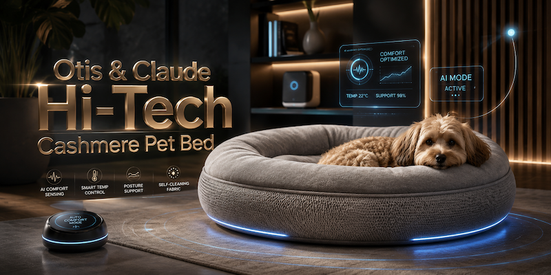 Otis & Claude Hi-Tech Cashmere Pet Bed with AI comfort sensing, smart temperature control, and futuristic pet wellness technology.