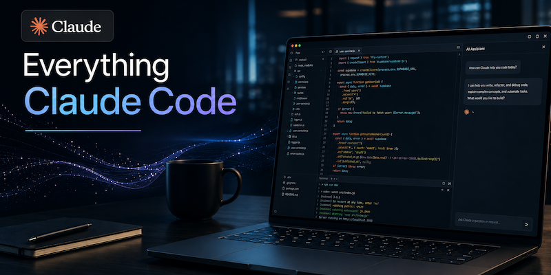 Everything Claude Code AI coding workspace with Claude logo, code editor, terminal, and AI assistant on a laptop screen