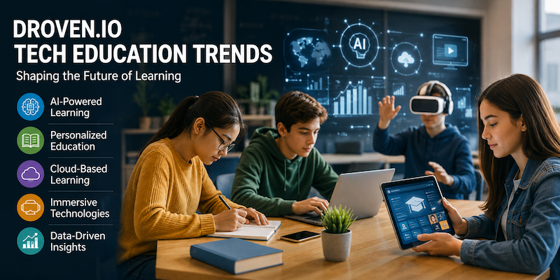 Droven.io Tech Education Trends illustration showing students using laptops, tablets, VR, AI-powered learning tools, cloud education, personalized learning, and data-driven technology in a modern digital classroom.