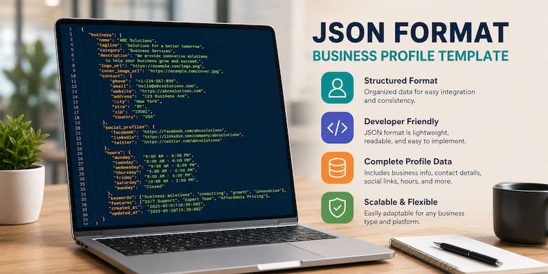 JSON format business profile template displayed on a laptop screen with structured business data fields, contact details, and profile attributes in a modern office workspace