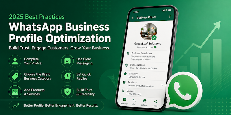 WhatsApp Business profile optimization best practices 2025 with business profile setup tips, quick replies, product catalog, and trust-building features.