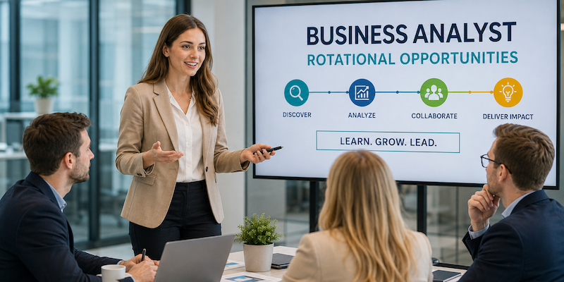Business analyst jobs rotational opportunities presentation with professionals discussing analysis, collaboration, learning, and career growth.
