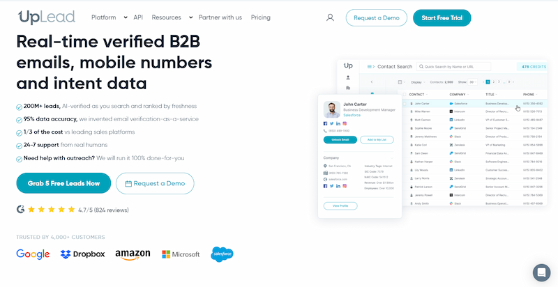 UpLead B2B contact database interface for prospecting and verified lead data