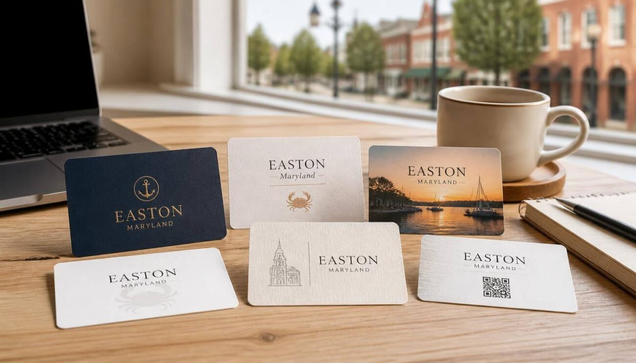 Best business cards Easton MD being designed and printed at a local print shop