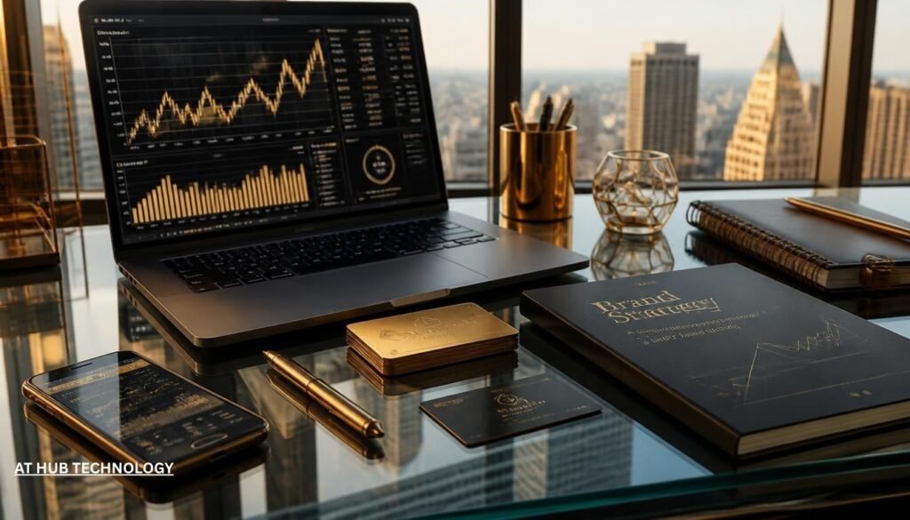 Financial market design featuring premium gold brand colors.